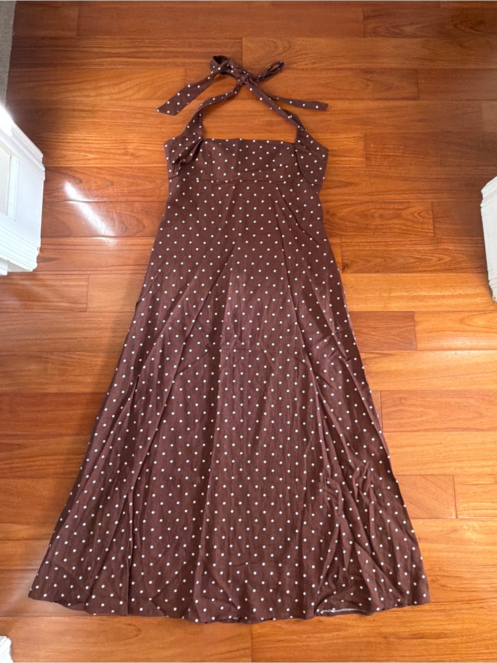 ZARA Polka Dot Linen Halter Maxi Dress Square Neck Backless MEDIUM Brown/White